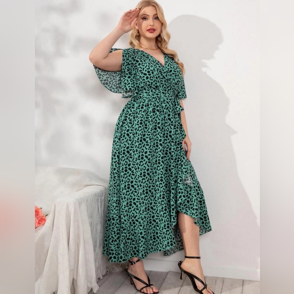 SHEIN Curve Teal Leopard Print Wrap Maxi Dress